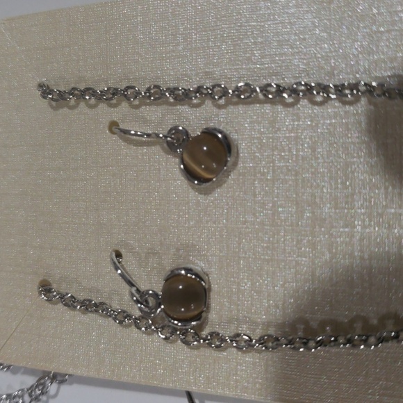 Silver tone Brown Stone Hoop Pendant Necklace & Earrings Set - Women's Jewelry - Picture 4 of 8